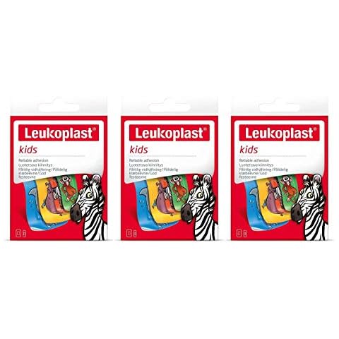 Leukoplast Kids Plasters - Sterile, Soft Absorbant Pads - Waterproof Skin Friendly Low Adhesive - Fun Animal Designs Zebra Monkey Hippo Shark - 12 PCs (x3 Pack) Cover