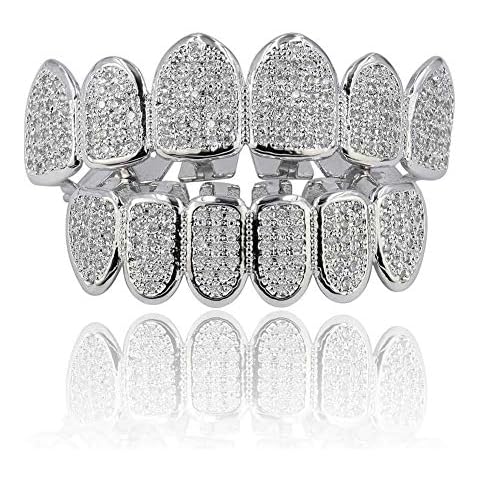 Moca Jewellery Hip Hop Unisex 18K Gold Plated Iced Out CZ Simulated Diamond Top Bottom Vampire Teeth Grills Set for Men Women silver Cover
