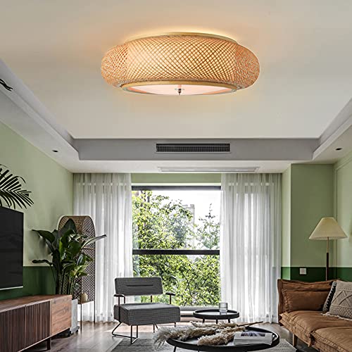 Weekly Top Sale KWOKING Lighting Handmade Flush Mount Ceiling Light Creative Bamboo Ceiling Lighting fixtures Rattan Lantern Light 3 Lights Vintage Hanging Light for Living Room, Restaurant, Bedroom 23.62inch