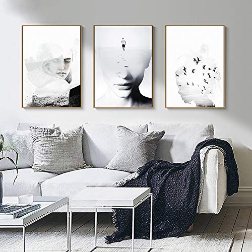 Toile art abstrait Nordic Girl lot de 3 affiches noir et blanc 50x70 cm sans cadre pour salon