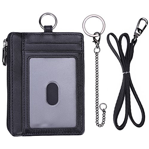 kinzd Slim Minimalist Zipper Credit Card Holder Leather Front Pocket Wallet with Keychain Ring Lanyard Strap4