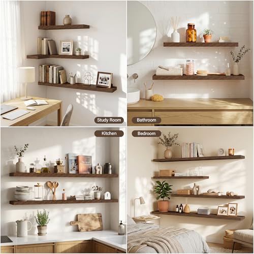 Image of Acovy 40in Long Floating Shelves for Wall Set of 2, Wood Wall Shelves for Bathroom Bedroom Kitchen Living Room Laundry Room, Modern Floating Shelf for Home Decor