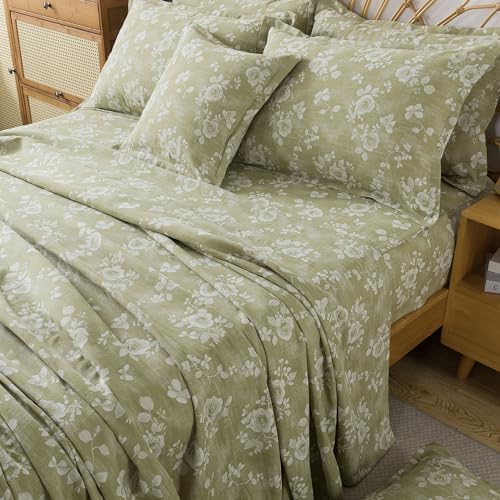 Image of FADFAY Sage Green Sheets Set Queen 100% Cotton Washed Double Gauze Muslin Bedding 4Pcs Vintage Rose Floral Sheets Shabby Cottagecore Bedding Soft & Breathable Deep Pocket Fitted Sheet, Queen Size