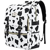 Ronyes Vintage Backpack for Women Men, Laptop Backpack 15.6 inch Bookbag Casual Daypack for Work, White with Cow Pattern