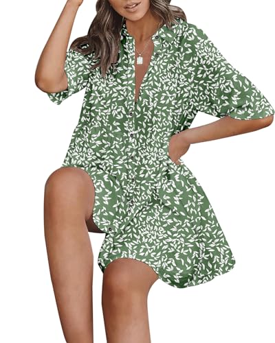Image of PYGFEMR Women's Short Sleeve Babydoll Dress Button Down Dresses with Pockets