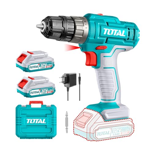 Image of TOTAL 12V Cordless Drill Machine, 25Nm, 2 x 1.5Ah Batteries, 10mm Chuck | 15+1 Torque Settings, 2-Speed Control Up to 1500RPM, Reverse Function, LED Work Light and Carrying Case Included
