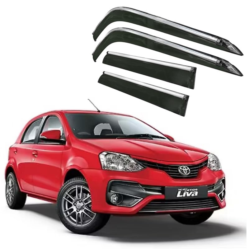 Image of CAR SAAZ Side Door Visors for Etios Liva (2011-2020)(Set of 4Pcs)|Chrome Lined Rain Guards, Polycarbonate, Smoke Finish