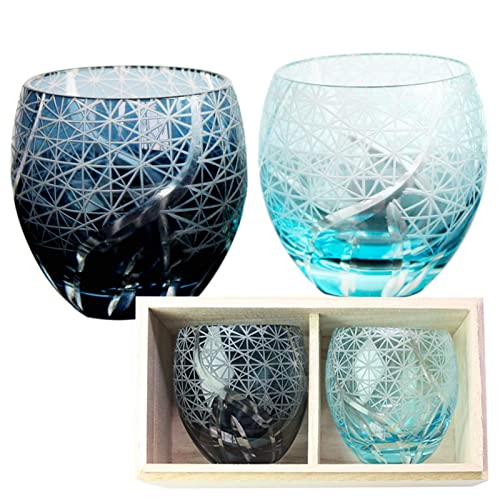 Kiriko Guinomi Sake Cup Pair Set Ink Blue Lake Blue Glass Paulownia Box