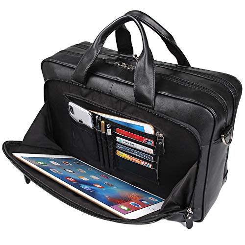 Augus Mens Leather Briefcase Messenger Bag Waterproof Travel Business Duffle Bags for Men 17 Inch Laptop Bag Black YKK Zipper