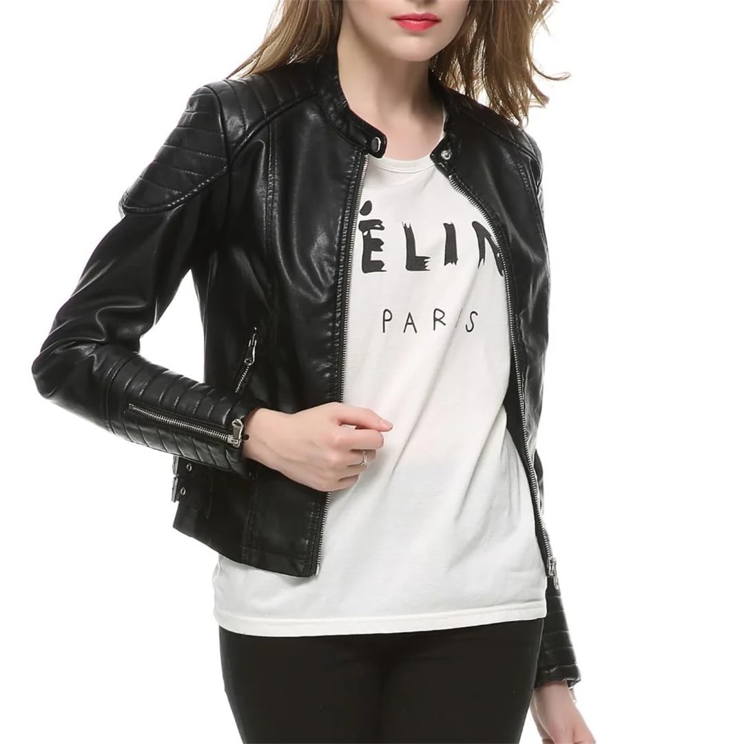 Giacca da motociclista in ecopelle con cerniera moda primavera/autunno da donna. Cappotto in pelle da moto casual