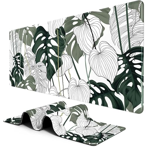 Image of Printed Gaming Mousepad - Premium Stitched Edges, Smooth Surface,Size 11x23 inches, Non-Slip Rubber Base - Ideal for Office & Gaming Setup (Art Tropical Minimalist Leaf)