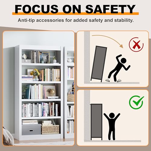 Image of 5 Tier Metal Bookshelf, 69 inch Tall Heavy Duty Bookcase with Adjustable Shelves, Industrial Display Storage Shelves for Home Office, Living Room, Study, White