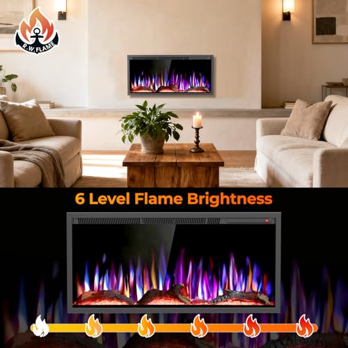 Image of R.W.FLAME 36 inch Recessed and Wall Mounted Smart Electric Fireplace, Alexa /WiFi Enabled, APP Control with Multiple Sound Modes, Adjustable Flame Colors and Speed, Available with Log & Crystal Options