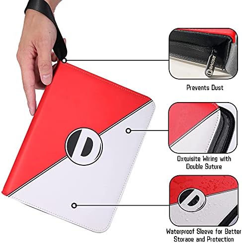 Folder for Pokemon Cards with Removable Sleeves, 400 Pockets Card Binder Holder Book for Pokémon Trading Cards, 50 Pcs 4-Pocket Pages, Card Collector Album with Zipper & Handle ( Red & White )