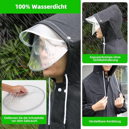 Desoto Regenponcho Extra Lang, Wasserdicht Regenmantel Radfahren Regen Poncho Portable Leichte Regenjacke Mit Kapuze, Wiederverwendbare, mit Tasche, für Backpacking Camping Outdoors (XXL, Schwarz)