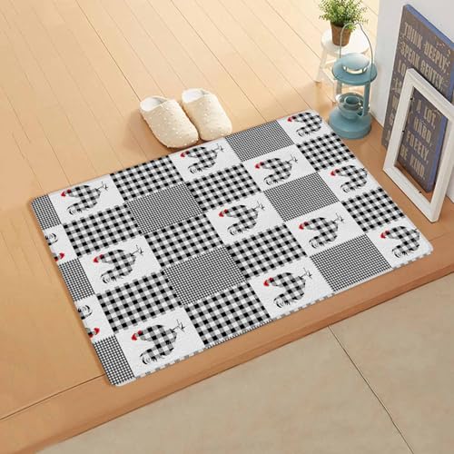 Black Rooster Antifatigue Kitchen Bath Door Mat Cushioned Runner Rug,Washable Welcome Floor Sink Mat,Waterproof Kitchen Standing Doormat,Farm Animal Farmhoue Chick Spring Summer Checkered 18
