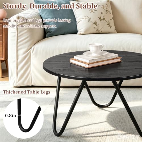 Image of Round Coffee Table Black Wooden Coffee Tables for Living Room Mid-Century Modern Center Table Wood Grain Desktop and Metal Legs Easy to Assemble