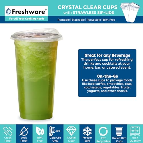 Image of Freshware 24 oz Clear Disposable Plastic Cups with Strawless Sip Lids, 100 Pack Clear Plastic Tumblers, Heavy-duty Party Glasses, Disposable Cups for Thanksgiving, Halloween, Christmas Party
