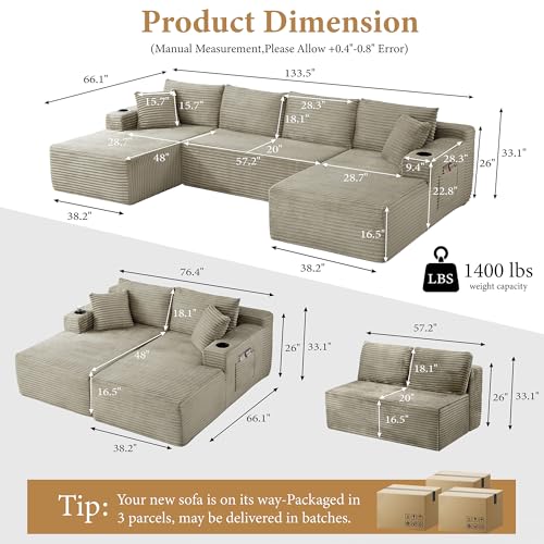 Image of 96 inch Sectional Couches for Living Room Cloud Couch Sofa with L-Shape Upholstered Boneless Couchs Modern Modular Sectional Couch with Chaise (Camel, 133 inch W+U Facing Chaise)