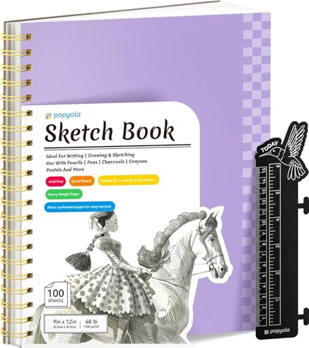 Cuaderno de bocetos de 9 x 12 pulgadas con regla marcapáginas, 100 hojas en espiral para dibujar (60 libras/100 g/m²), bloc de bocetos sin ácidos, papel de dibujo para niños, adolescentes, adultos