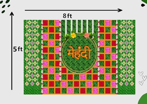 Image of DARSHANAM WORLD Wedding Decorative Cloth for Haldi & Mehndi Ceremony, Photoshoot, Haldi Background Enhancer for Mehndi Ceremony (8x5 ft, 3D Printed Backdrop with Floral & Logo Design) (Green & RED)