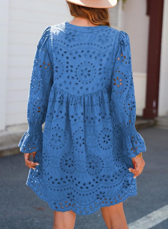 Image of Dokotoo Womens 2026 Boho Dress Tassel V Neck Long Sleeve A Line Casual Hollow Out Lace Ruffle Party Dresses