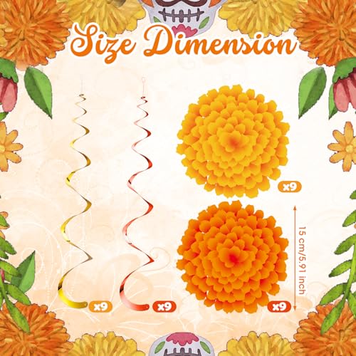 Image of 36 Pcs Marigold Flower Diwali Decorations Day of The Dead Dia De Los Muertos Marigold Flower Decorations Hanging Streams Swirls for Home Pooja Indian Varalakshmi Altar Ofrenda Decor