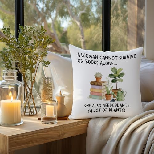 Image of Books and Plant Lover Pillow Covers for Women, Plant Mom Lady Gardening Gifts Reading Pillow for Bed, Book Reader Bookish Bookworm Librarian Gifts 18x18