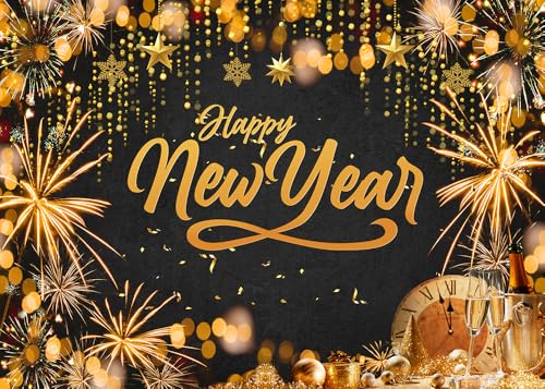 CHAIYA 7x5FT Happy New Year Backdrop - Black & Gold New Year Photo Backdrop Banner