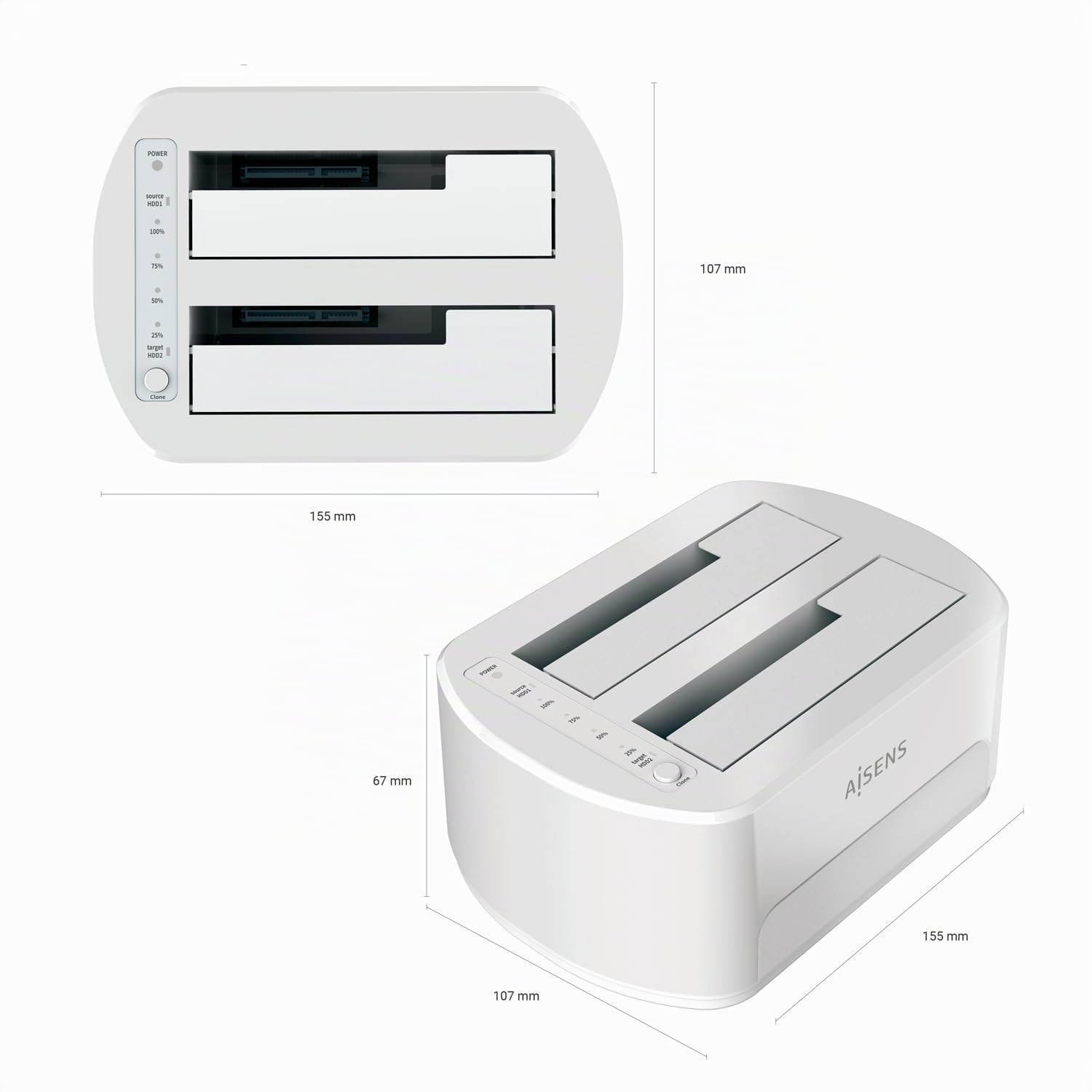 AISENS - ASDS-D02W - Station d'accueil Double Baie Asds-D02W SATA 2.5/3.5 A USB 3.0/3.1 Gen1, Clone, Blanc
