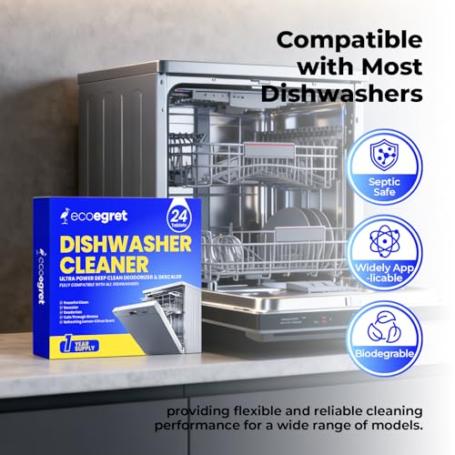 Image of Dishwasher Cleaning Tablets (24 Count) - with Fresh Lemon Scent Dishwasher Cleaner and Deodorizer, Deep Cleans & Descales, Fits All Dishwashers, Septic Safe, 12 Month Supply