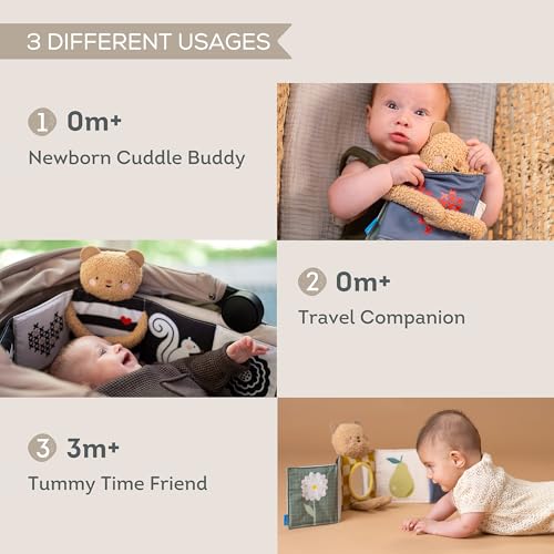 Image of Taf Toys Double-Sided Sensory Montessori Baby Book for Newborns - Soft Plush Bear Tummy Time Toy- High Contrast Black & White /Newborn Toys 0-3 /0-6 Months - Baby Mirror - Perfect