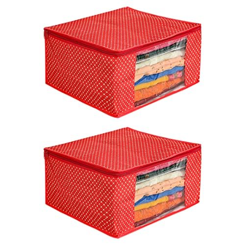 Image of PrettyKrafts Cotton Quilted Large Sari Cover Bag With Zip Closure and Transparent Window|Stackable and Foldable Saree Cover | Storage Organizer Bag |Wardrobe Organiser Cover| Pack of 12, Red