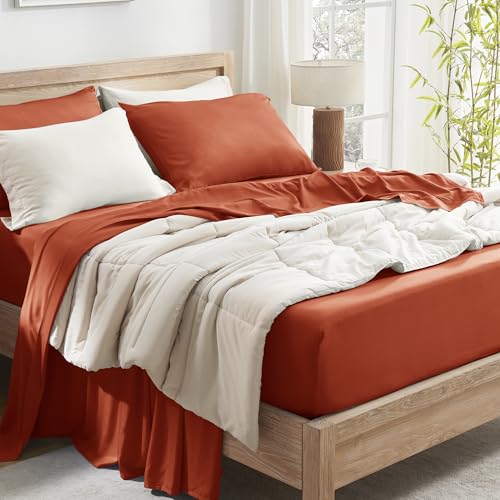 Image of Andency Orange King Sheets Set 100% Viscose Derived from Bamboo | Cooling Summer Sheets, Deep Pocket Up to 16 inch, Silky Soft Hotel Luxury Breathable Bedding Sheets & Pillowcases