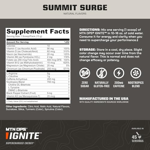 Image of MTN OPS Ignite Energy Powder, Zero Sugar, Hush Summit Surge | Sugar Free, 200mg Caffeine, Nootropic Blend for Energy, Focus & Endurance, L Arginine & L Citrulline