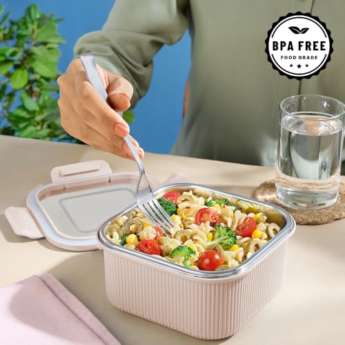 Image of Larah by BOROSIL Freshbyte Food Storage Container with Airtight Stainless Steel Lid | Fridge Container for Lunchbox | Food Grade | Microwave Safe (Beige, 800 ml, Square)