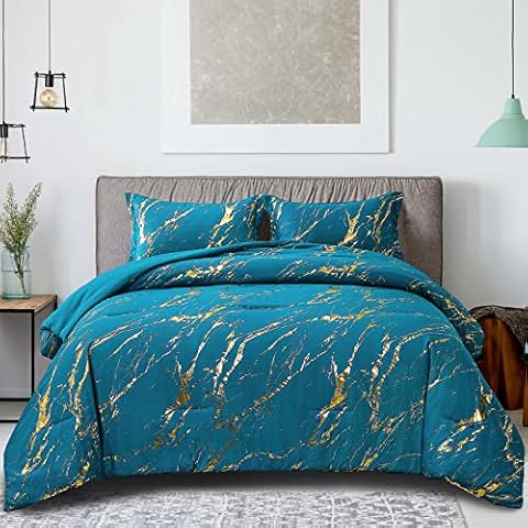 WONGS BEDDING Teal Gold Marble Comforter Set Cover