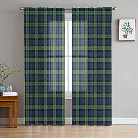 Cortinas semitransparentes, patrón escocés, verde y azul marino, 52 x 84 pulgadas Cover