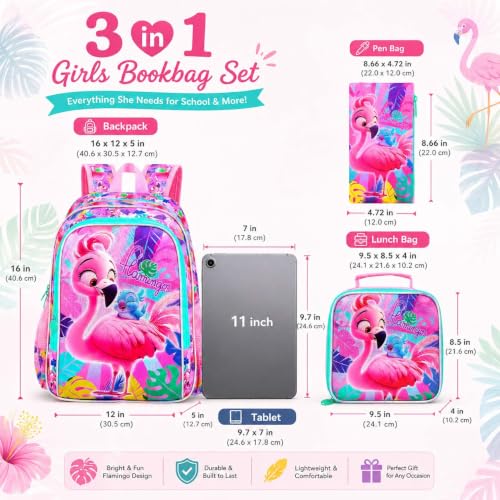 Image of AGSDON 3PCS Flamingo Backpacks for Girls, 16 inch Kids Backpack with Lunch Box, Water Resistant Girl Reflective Bookbag for Elementary