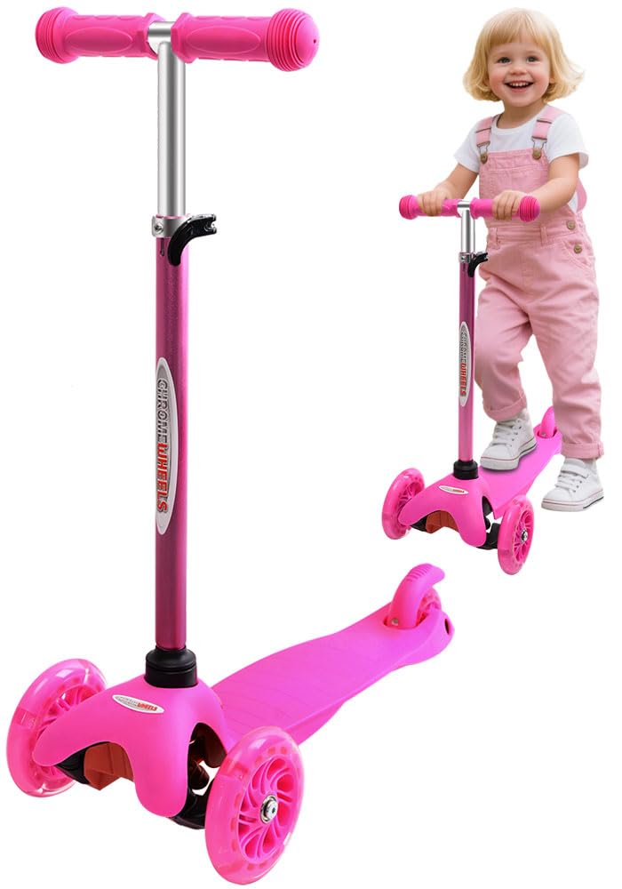 ChromeWheels Mini Scooter for Toddlers, Deluxe 3-Wheeled Scooters for Kids, 4 Adjustable Height Glider with Kick Scooters, Lean-to-Steer with LED Light-Up Wheels for Ages 3-6 Girls Boys