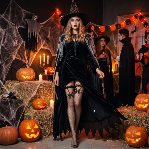 Image of Fourluoo 10 Pairs Silk Fishnet Thigh High Stockings Women Lace Top Sheer over Knee Stocking for Halloween