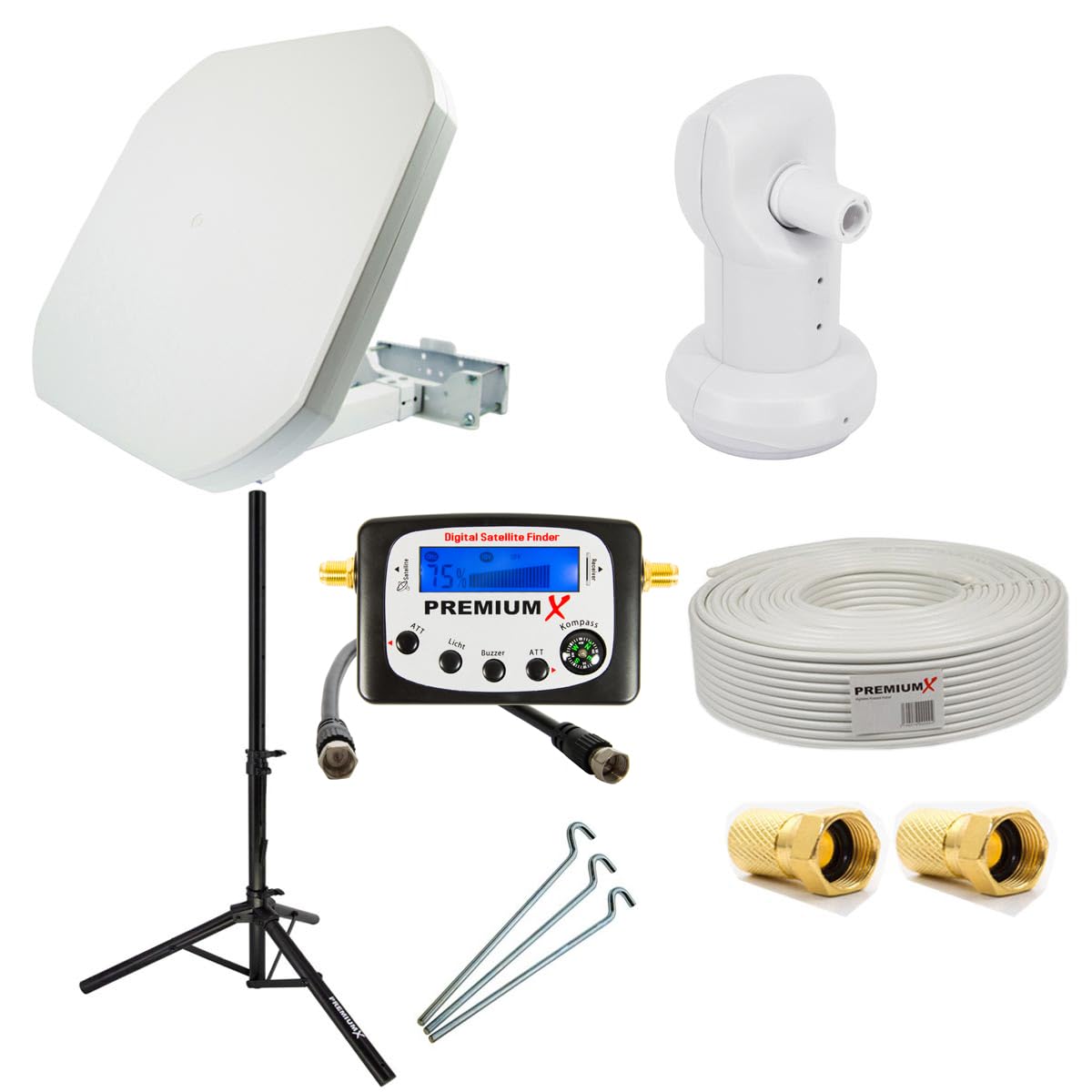 PremiumX Satelliten Anlage Flat43 Flachantenne Single LNB Dreibein-Stativ Tripod 10m Antennen-Kabel 2X F-Stecker Sat-TV-Signalfinder