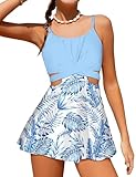 NECIOUS Girls Swimsuit Teen Girl Bathing Suit Tropical Print Criss Cross Tie Girls' Swimwear 2 Piece Tankini Set Size14-16 Light Blue