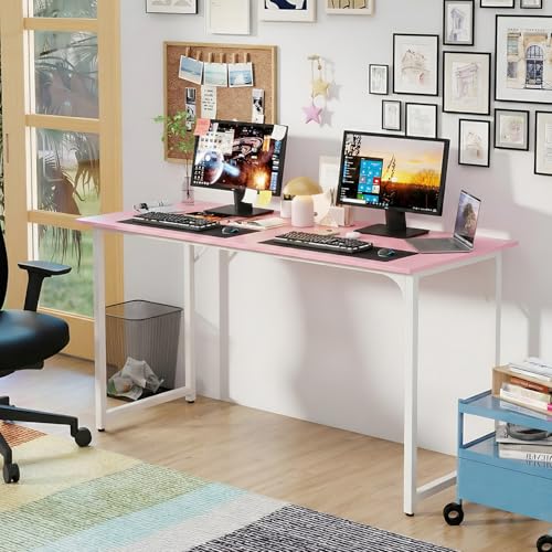 Image of PayLessHere | 55 Inch Computer Desk | Pink | Office Desk with Metal Frame, Adjustable Feet | Water-Resistant, Scratchproof Surface | Sturdy Writing Table for Home Office or Study | Pack of 1