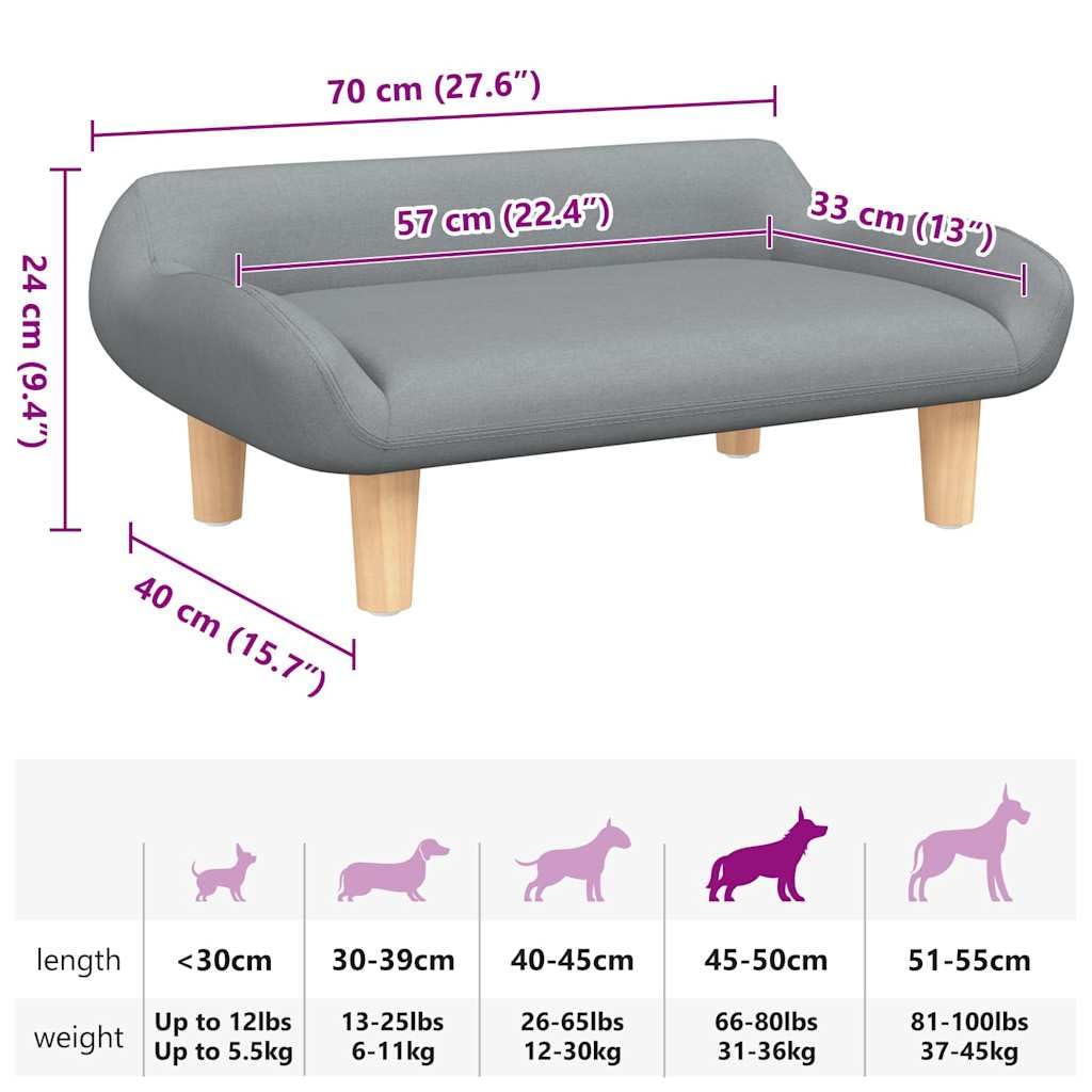 Legowisko dla małych psów, sofa dla zwierząt domowych z drewnianą ramą, miękka sofa dla psa, 70 x 40 x 24 cm, jasnoszare