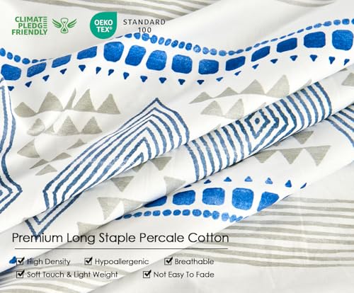 Image of SLEEPBELLA Boho King Size Duvet Cover Set - Cotton Reversible Blue /White with Button Closure & Soft, Breathable Fabric