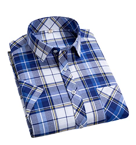 Dninmim Camisa de vestir de manga corta a cuadros para hombre, casual, social, suave, con botones, Camisa a cuadros 02, 3XL