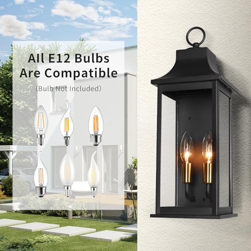 Image of JYZ 18 inchOutdoor Porch Light Wall Mount, Outside Wall Lantern with E12 Socket, Anti-Rsut Aluminum & Clear Glass Wall Lamp, Matte Black Exterior Wall Light Fixture for Patio, Front Door, Garage, Entryway