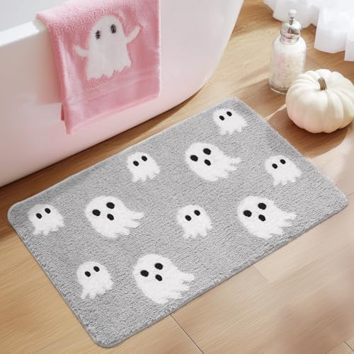 Gray Halloween Bath Mat – Cute Ghost Decor Mat Non-Slip Light Gray Bathroom Rug Soft Spooky Bath Rug for Shower, Bedroom, Living Room