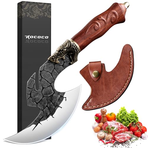 ROCOCO Viking Cleaver Knife Birthday - Butcher Meat Cutting Boning Knife Hand Forged Chinese Kitchen Axe with Sheath Home Outdoor BBQ Camping Chirstmas Mother Father Gift Men